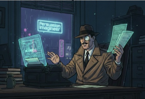Persuasion Imagineer detective in a futuristic noir office